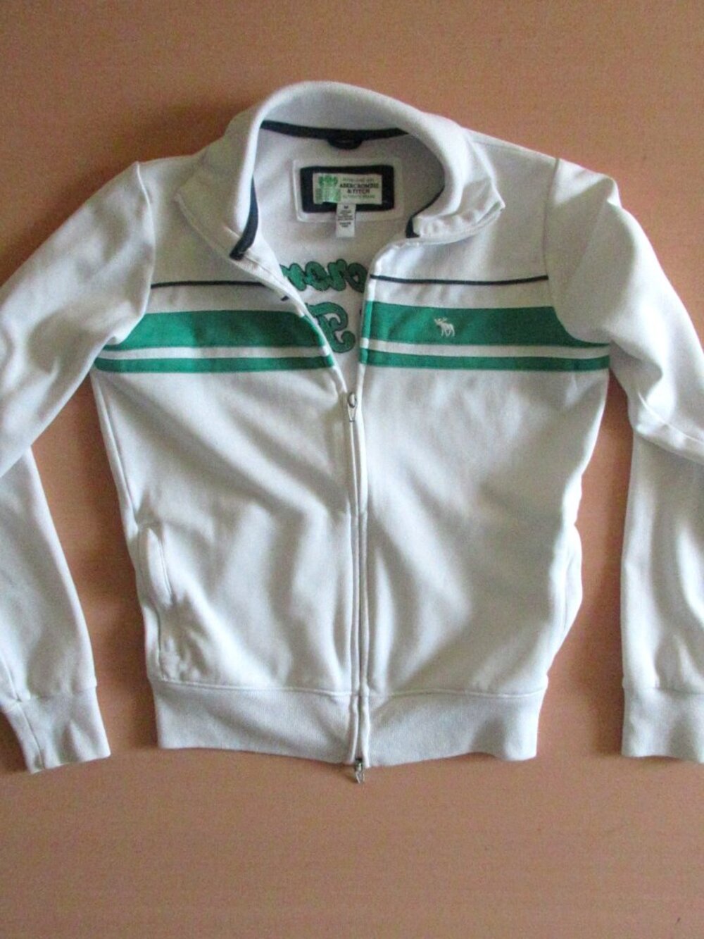 Abercrombie & Fitch White Zip Jacket – Green Stripes + Back Embroidery Size Med